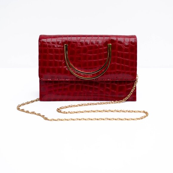 VTG Red Croc Patent Leather Evening Bag Gold Chain - Picture 1 of 9